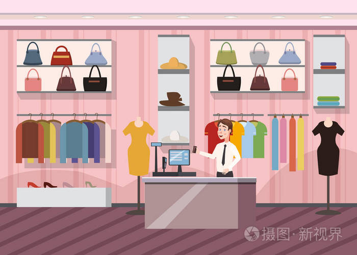 時(shí)裝店超級(jí)市場(chǎng)女裝購(gòu)物商場(chǎng)內(nèi)橫幅與復(fù)制空間卡通矢量插畫(huà)