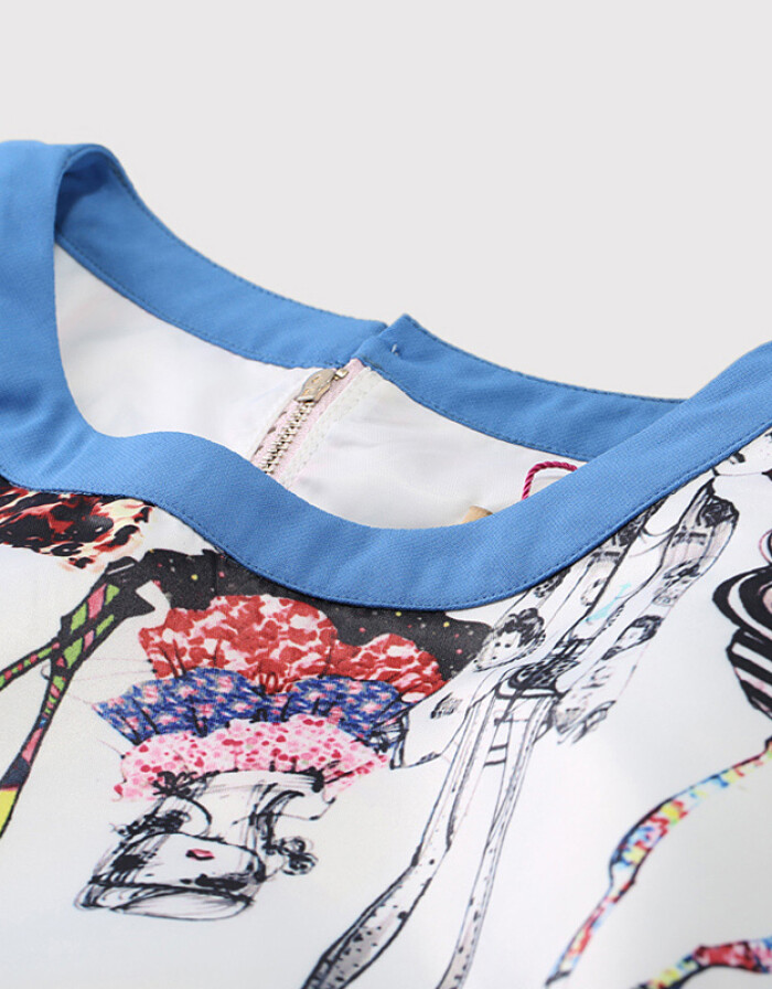 丹思露 2016新款時尚夏季專柜產品 甜美五分袖寬松圓領歐美印花連衣裙女短裙 黑色 XL